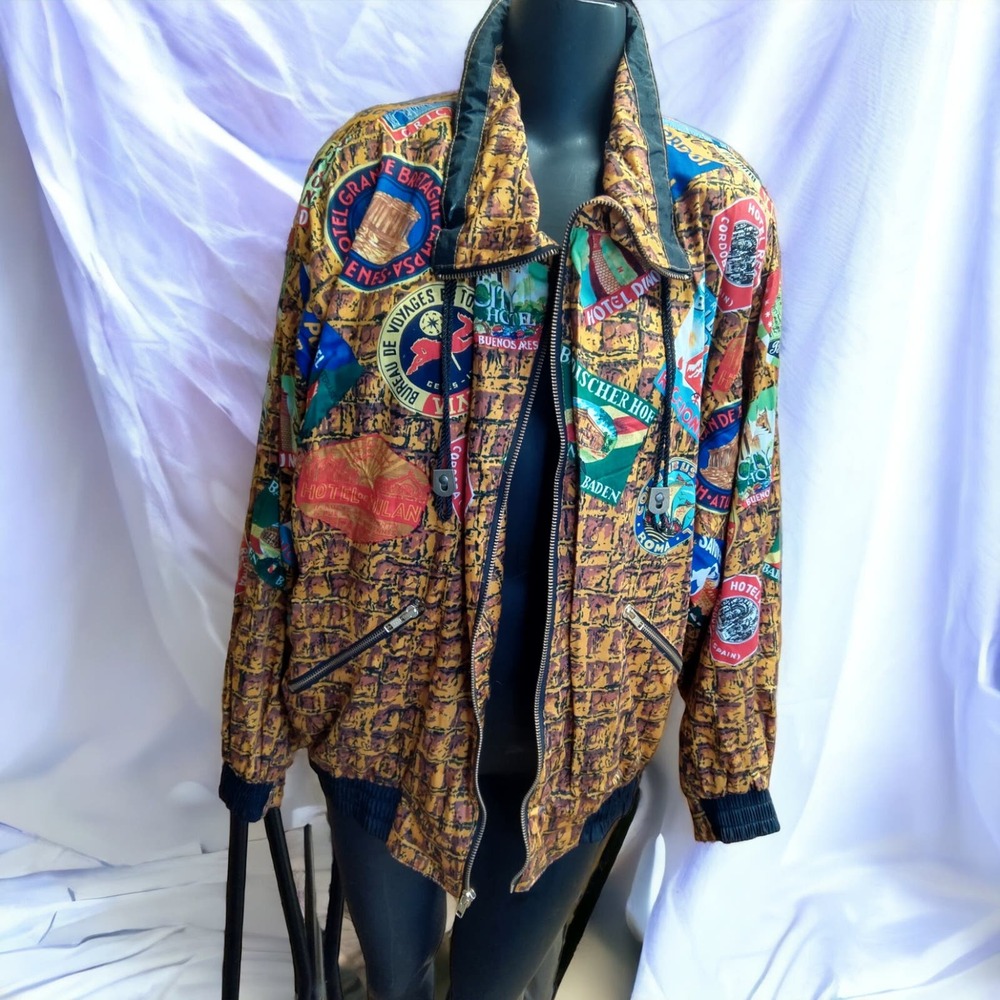 Vintage 90s Giacca Wind Suit Destination Print sz M top S bottom